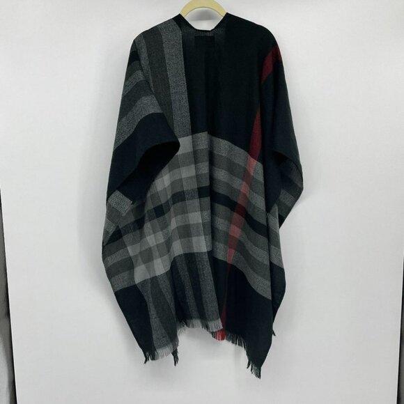 V Fraas black white red plaid  shawl overlay - Picture 2 of 10